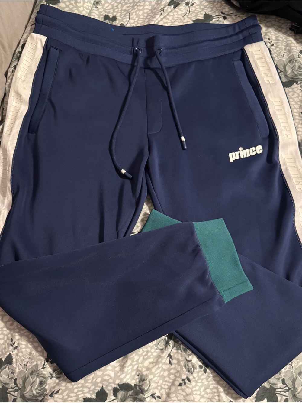 Prince Navy Joggers with White Side Stripes and Teal Cuff